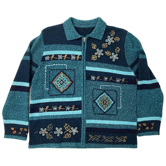 🍓VINTAGE BLUE ZIP UP SWEATER WITH EMBROIDERED FLOWERS🍓 - Picture 1 of 4